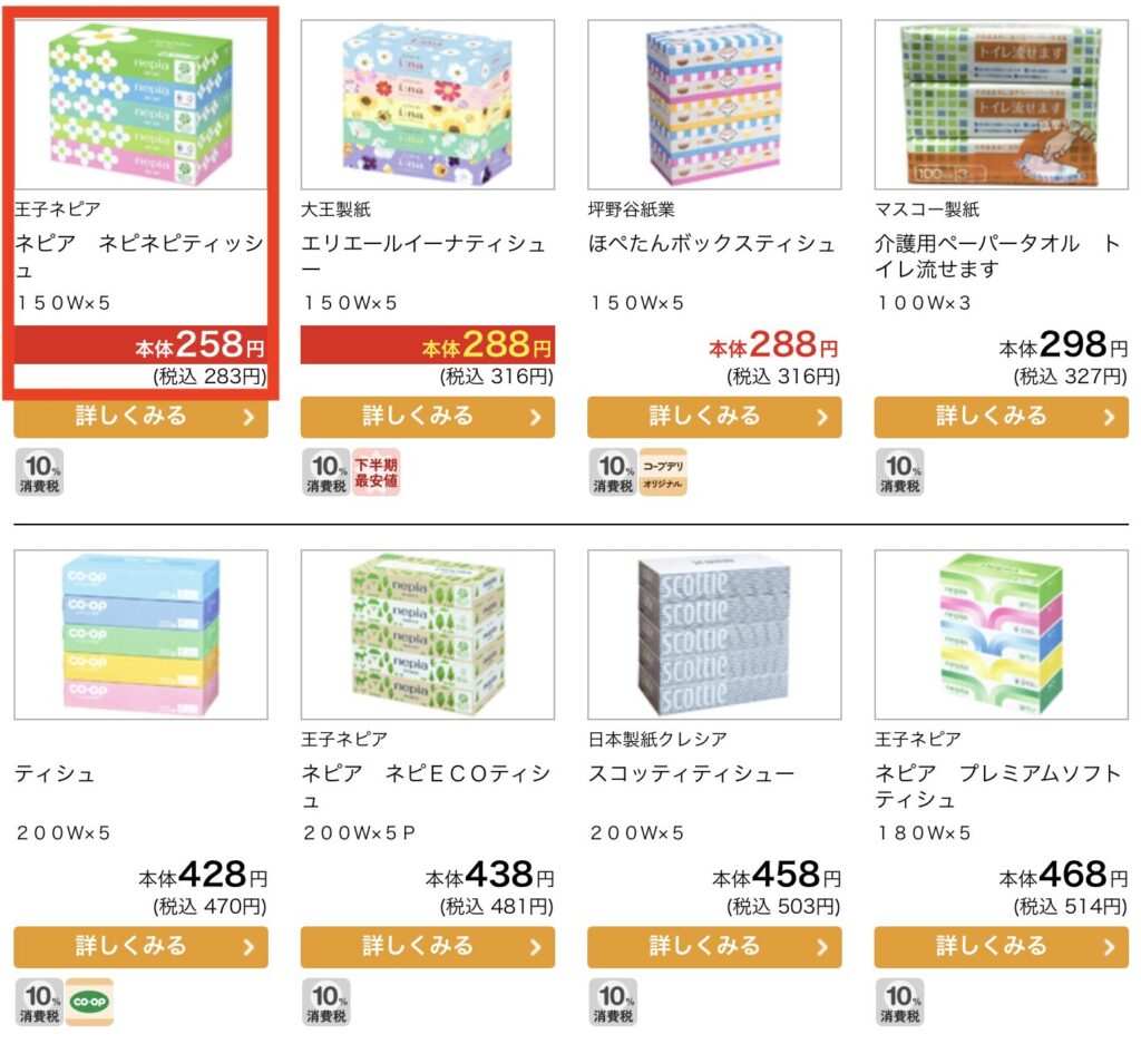 コープデリの日用品の価格