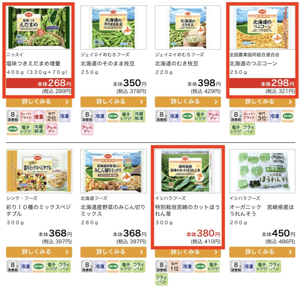 コープデリの冷凍野菜の価格